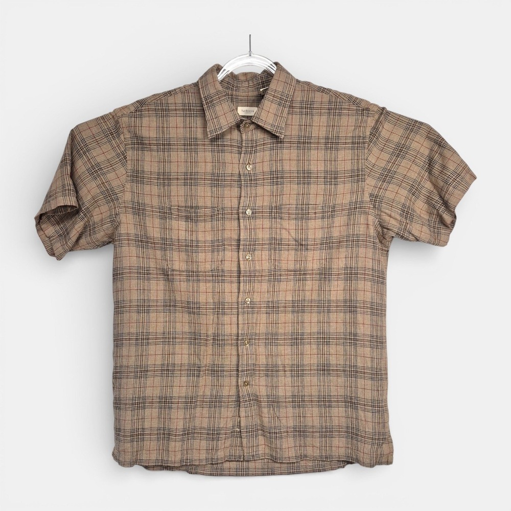 Van Heusen Mens Size XL Linen/Rayon Blend Button Down Shirt Tan Brown Plaid